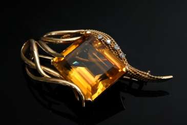 Gelbgold 750 Midcentury Nadel mit Citrin im Treppenschliff (ca. 6.7ct), 23,3g, 6x3,5cm