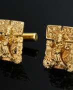 Обзор. Paar Gelbgold 585 Manschettenknöpfe mit Azteken Symbolen, Mexiko, 9,8g, 1,9x1,3cm