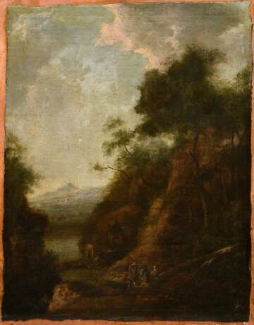 Ruisdael, Jacob Isaackszoon van (1628/29-1682) zugeschr. „Hügelige Landschaft mit Personenstaffage“, Öl/Leinwand auf Holz kaschiert, verso alt bez., ca. 63x47,5cm (63,8x49cm), Craquelé, rest. - Foto 1