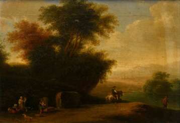 Brandt, Johann Christian (1722-1795) &quot;Ideale Landschaft mit Personenstaffage&quot;, Öl/Leinwand auf Holz kaschiert, 20,4x28,7cm (m.R. 31,2x40,2cm), vergilbte Firnis, min. Defekte der Maloberfläche, Craquelé