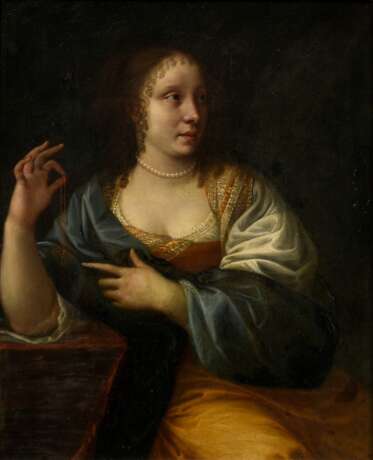 Borch, Gerard ter (1617-1681) "Dame mit Amulett", Öl/Kupfer, verso Besitzerangaben, Prunkrahmen (kleine Defekte) 32,8x25,7cm (m.R. 46,3x39,7cm), alte Retuschen an der Kleidung, Provenienz: Abraham Schaaffhausen… - Foto 1