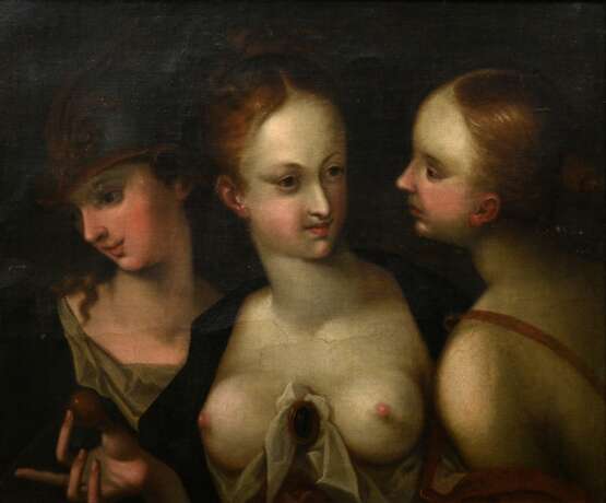 Aachen, Hans von (1552-1615) Nachfolge "Pallas Athene, Aphrodite und Hera", 17.Jh., Öl/Leinwand, doubliert, 57x70cm (m.R. 69x82cm), Craquelé, kleine Defekte der Maloberfläche, rest., Vgl. Museum of Fine Arts/ B… - фото 1