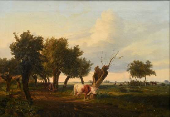 Kauffmann, Hermann (1808-1889) und Haeselich, Marcus Johann (1807-1856) zugeschr. "Norddeutsche Landschaft mit Kühen", Öl/Leinwand, verso bez., Prunkrahmen (kleine Defekte), 51,8x74,8cm (m.R. 71,5x93,5cm), Defe… - фото 1