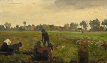 Schult, Johann (1889-?) &quot;Feldarbeit“, Öl/Leinwand auf Malpappe kaschiert, u.r. sign., 24,5x41cm, kleine Rahmungsdefekte, leicht verschmutzt