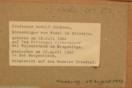 Höckner, Rudolf (1864-1942) "Waldweg", Öl/Malpappe, verso bez., 12,3x13,2cm (m.R. 25,3x33,8cm), Craquelé - photo 4