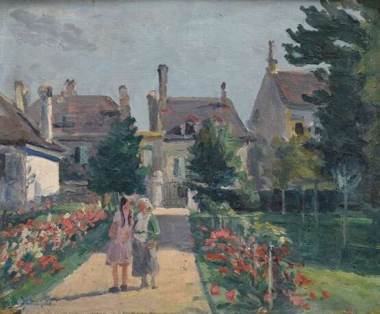 Schaper, Friedrich (1869-1956) „Garten in Yverdon (Yverdon-les-Bains/Schweiz)" 1925, Öl/Leinwand auf Holz kaschiert, u.l. sign., verso bez./dat., ca. 43x53cm (m.R. 59x69,5cm), min. Defekte der Maloberfläche, Proveni… - photo 1