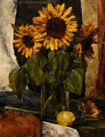 Sluytermann von Langeweyde, Georg (1903-1978) "Stillleben mit Sonnenblumen und Zitrone", Öl/Hartfaser, o. sign., 65,5x51,5cm (m.R. 80x65cm) - photo 1