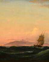 Sørensen, Carl Frederik (1818-1879) „Segler vor Capri im Abendlicht“ 1851, Öl/Leinwand, u.r. sign./dat., verso Besitzerangaben, 78x117cm (m.R. 101x139cm), rest.