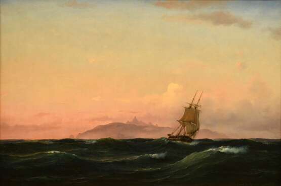 Sørensen, Carl Frederik (1818-1879) „Segler vor Capri im Abendlicht“ 1851, Öl/Leinwand, u.r. sign./dat., verso Besitzerangaben, 78x117cm (m.R. 101x139cm), rest. - photo 1