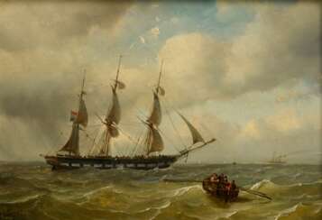 Schiedges, Petrus Paulus (1813-1876) &quot;Holländische Marine&quot; 1864, Öl/Holz, u.l. sign./dat., Prunkrahmen, 22,6x33cm (m.R. 35x44,5cm), min. rest.