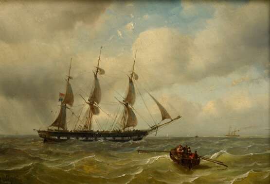 Schiedges, Petrus Paulus (1813-1876) "Holländische Marine" 1864, Öl/Holz, u.l. sign./dat., Prunkrahmen, 22,6x33cm (m.R. 35x44,5cm), min. rest. - photo 1