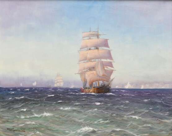 Jensen, Alfred (1859-1935) "Großsegler mit achterlichem Wind auf hoher See" um 1900, Öl/Leinwand, u.l. sign., 70x90cm (m.R. 81,5x101,5cm) - Foto 1