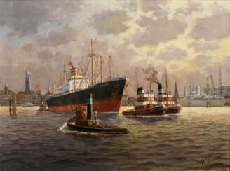 Porwoll, Hans (1898-1984) &quot;Schiffsverkehr im Hamburger Hafen&quot; um 1960, Öl/Leinwand, u.r. sign., 60,5x80,5cm (m.R. 68x88cm)