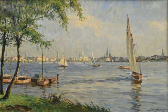 Burghardt, Gustav (1904-1994) "Außenalster", Öl/Leinwand, u.r. sign., verso Klebeetikett "Galerie Commeter/Hbg.", Prunkrahmen, 47,5x68,5cm (m.R. 61,5x83cm) - Foto 1