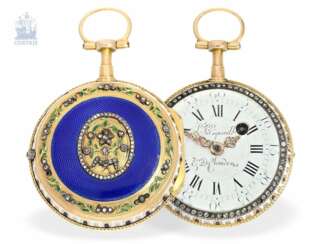 Taschenuhr: exquisite Gold/Emaille-Spindeluhr von hoher Qualität, Les Frères Esquivillon & De Choudens Geneve, um 1780