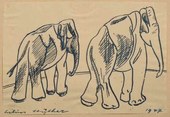 Hüther, Julius (1881-1954) "Elefanten" 1947, Tinte/Bleistift, u. je sign./dat., auf Papier montiert, 15,6x21,3/29,8x21cm (16,8x24/34x24cm), leicht fleckig, Provenienz: Slg. Gustav Bürger/ München - photo 5