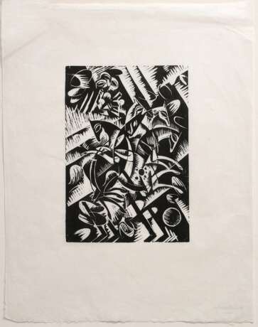 Molzahn, Johannes (1892-1965) „Pferde“, Holzschnitt, verso Nachlasssignatur, Griffelkunst, PM 35x24,7cm, BM 46,4x31cm, min. knickspurig - Foto 2