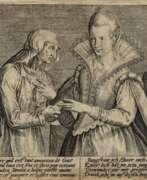 Produktkatalog. Passe I, Crispijn van de (1574-1637) &amp;quot;Kupplerin und junge Frau&amp;quot;, Kupferstich, auf französisch und deutsch beschriftet, PM 11,2x13,2cm, BM 12,2x14,5cm (m.R. 25,8x33cm), leichte Altersspuren