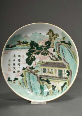 Schale mit Famille Verte Malerei "Trinkender Mann in Haus am See" sowie Gedicht im Spiegel, Qing Dynastie, China 19.Jh., Ø 22,3cm - photo 2