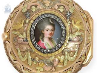 Taschenuhr: bedeutende 4-Farben Gold/Emaille-Spindeluhr mit Diamantbesatz sowie seltener a toc et a tac Repetition, Gill & Boisdechesne Geneva, um 1760
