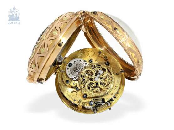 Taschenuhr: bedeutende 4-Farben Gold/Emaille-Spindeluhr mit Diamantbesatz sowie seltener a toc et a tac Repetition, Gill & Boisdechesne Geneva, um 1760 - фото 3
