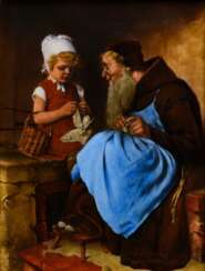 Heinrich Porzellan Plakette mit lupenfeiner Malerei &quot;Ein alter Schüler&quot; nach Hermann Kaulbach (1846-1909), 25,4x19cm (m.R. 41x35cm)