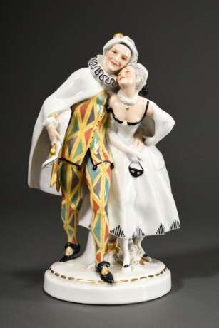 Art Deco Porzellan Gruppe "Pierrot und Colombine", farbig staffiert auf rundem Sockel, Boden gestempelt: Hertwig & Co Katzhütte, H. 25,5cm - Foto 1