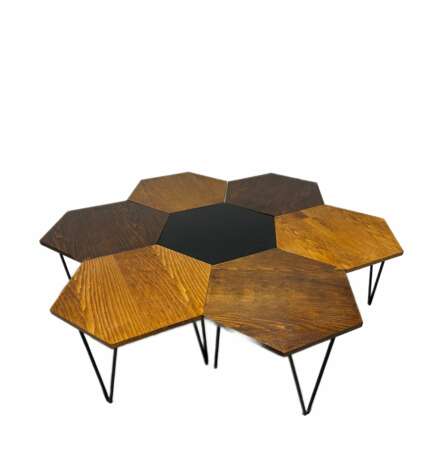 Gio Ponti pour Isa Bergame. Sept tables basses en nid d`abeille hexagonales design annees 50. Wood metal Design of 50-60’s 20th century - photo 1