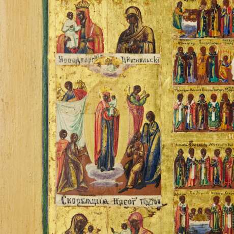 Une magnifique ic&ocirc;ne des F&ecirc;tes avec un menaion annuel et un cycle &agrave; deux rang&eacute;es d`ic&ocirc;nes de Theotokos. Russie.19&egrave;me si&egrave;cle. Wood gesso gilding tempera 19th century - Foto 5