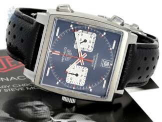 Armbanduhr: nahezu neuwertiger Sport-Chronograph TAG Heuer Monaco Steve McQueen Calibre 11 mit Box, Papieren und Originaletikett von 2016, KP 4.995€