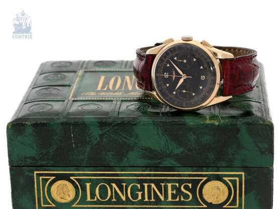 Armbanduhr: seltener, großer, roségoldener Fly-Back-Chronograph, Longines 30CH mit Box und Zertifikat, verkauft 1962 an Fa. Ostersetzer in Milano - фото 3