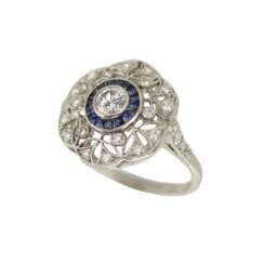 Art Deco style ring in 900 platinum with diamonds and sapphires. 