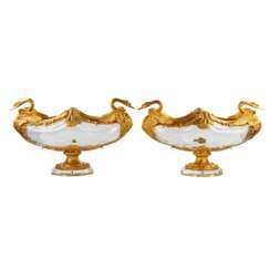 Pair of oval vases in cast glass and gilt bronze, with swan motif. France 20th century. 