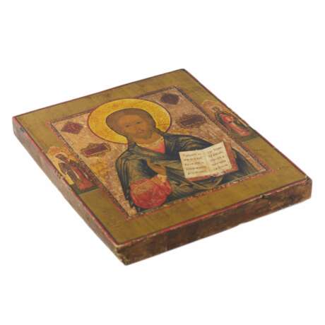 Ic&ocirc;ne russe du Pantocrator sur une &eacute;paisse planche de cypr&egrave;s du milieu du XIXe si&egrave;cle. Wood gesso gilding tempera Mid-19th century - Foto 2