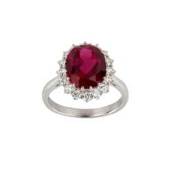 White gold ring with synthetic ruby and diamonds. 