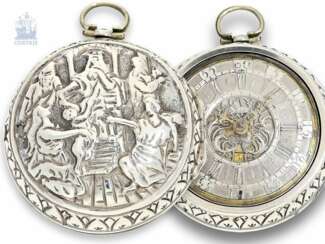 Taschenuhr: schwere Doppelgehäuse-Spindeluhr mit Reliefgehäuse und Datum, Paulus Bra(e)mer Amsterdam, um 1720