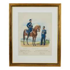 Chromolithographie de l`uniforme russe de l`equipe de gendarmerie des districts militaires en 1867. 