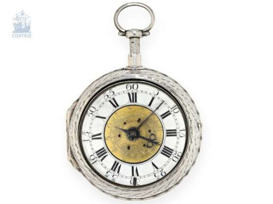 Taschenuhr: technisch hochinteressante, deutsche Doppelgehäuse-Spindeluhr mit 1/8 Repetition und Alarm, signiert Peter Barth, vermutlich Lübeck um 1730 - photo 1