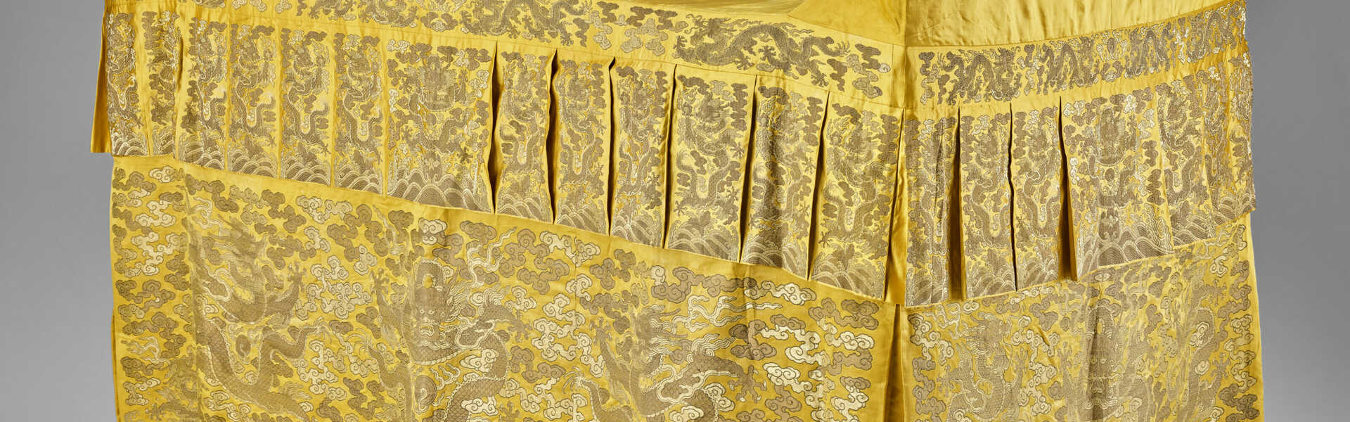 A VERY RARE LARGE IMPERIAL YELLOW SILK BROCADE ‘DRAGON’ ALTAR COVER