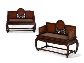 TWO BURL-INSET HONGMU THRONE CHAIRS