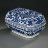 A BLUE AND WHITE RECTANGULAR CUSHION-FORM BOX AND A COVER - photo 1