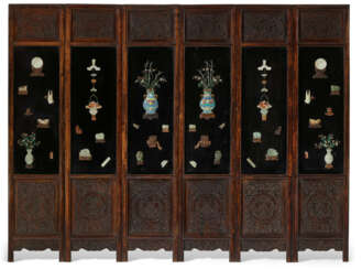 A JADE, HARDSTONE, AND CLOISONN&#201; ENAMEL-EMBELLISHED SIX-PANEL HONGMU SCREEN