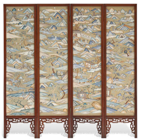 A GOLD-GROUND KESI-INSET FOUR-PANEL HUALI FOLDING SCREEN - фото 1