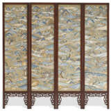 A GOLD-GROUND KESI-INSET FOUR-PANEL HUALI FOLDING SCREEN - фото 2