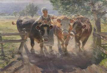Peasant woman with cows