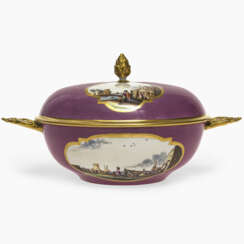 A tureen with purple background