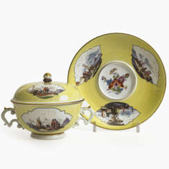 A small tureen with saucer with yellow background