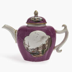 A teapot with purple background