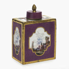 A tea caddy with purple background