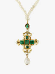 A seed pearl necklace with cross pendant with emeralds